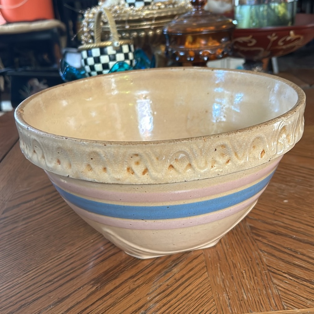 Antique Stoneware Mixing Bowl with Blue & Pink Glaze Stripe 10" - Picture 4 of 7